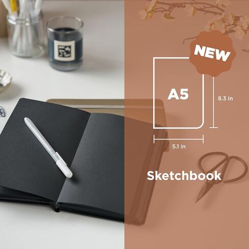 Sakura A5 Sketchbook & Gelly Roll White Bundle - Stationery Bundle for Sketching & Creative Contrast - A5 Sketchbook with 140 GSM Paper - Opaque White Ink Pens - Black Paper - 5.1 x 8.3" in Kuwait