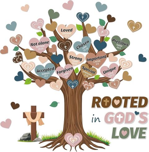Classroom Rooted in God’s Love Tree Bulletin Board Boho Tree Classroom Decorations Heart Bible Bulletin Board Boho Heart Cutouts Name Tags Christian for Faith Religious Sunday School Wall Decor in Kuwait