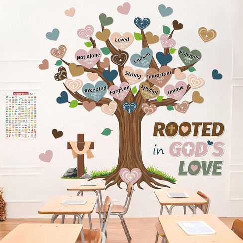Classroom Rooted in God’s Love Tree Bulletin Board Boho Tree Classroom Decorations Heart Bible Bulletin Board Boho Heart Cutouts Name Tags Christian for Faith Religious Sunday School Wall Decor in Kuwait