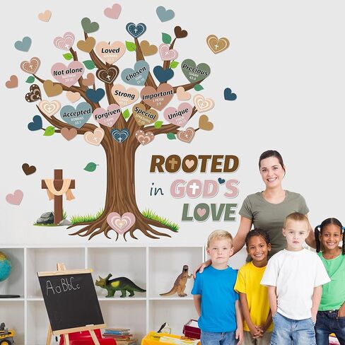 Classroom Rooted in God’s Love Tree Bulletin Board Boho Tree Classroom Decorations Heart Bible Bulletin Board Boho Heart Cutouts Name Tags Christian for Faith Religious Sunday School Wall Decor in Kuwait