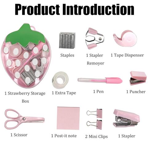 Mini Office Supply Kit Office Supplies Kit Mini School Supplies Portable Strawberry Case with Scissors, Tape Dispenser Set, Pen, Mini Stapler with Staples and Staple Remover in Saudi Arabia