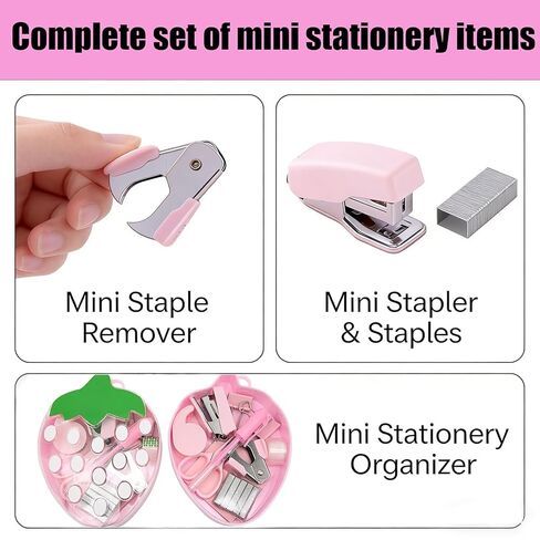 Mini Office Supply Kit Office Supplies Kit Mini School Supplies Portable Strawberry Case with Scissors, Tape Dispenser Set, Pen, Mini Stapler with Staples and Staple Remover in Saudi Arabia