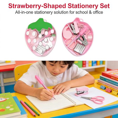 Mini Office Supply Kit Office Supplies Kit Mini School Supplies Portable Strawberry Case with Scissors, Tape Dispenser Set, Pen, Mini Stapler with Staples and Staple Remover in Saudi Arabia