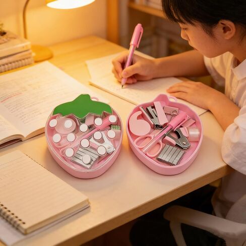 Mini Office Supply Kit Office Supplies Kit Mini School Supplies Portable Strawberry Case with Scissors, Tape Dispenser Set, Pen, Mini Stapler with Staples and Staple Remover in Saudi Arabia