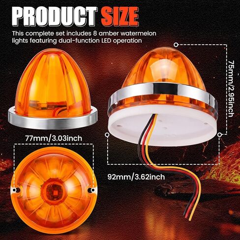 EBOOT 8 Pcs Amber Watermelon LED Strobe+constant Marker Lights Dual Function Watermelon Shaped Side Marker Clearance Tail Roof Lights for Trailer Truck Semi Trailer Heavy Duty Truck Bus in Kuwait
