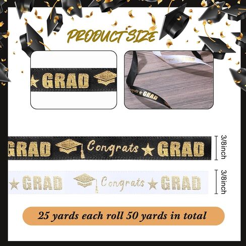 Knitgrip 2 لفات 50 ياردة 2026 شريط التخرج 3/8 بوصة أسود أبيض Congrats Grad Gold Stain Ribbon للهدايا، تغليف باقة الشعر القوس Leis ملحق صياغة الخياطة الديكور التخرج in Kuwait