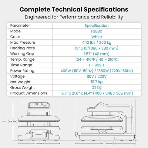 15x15 Auto Heat Press Machine with Quantity Counter & Auto Release, 440 lbs Max Pressure, Digital Display, Adjustable Pressure for T-Shirts, HTV, Sublimation and Heat Transfer in Kuwait