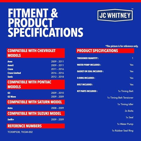 JC Whitney JFBAJCWTBK00165 Engine Timing Belt Kit with Water Pump - Compatible with Chevrolet Cruze 11-16, Sonic 12-18, Aveo 09-11, Aveo5 09-11, Cruze Limited 2016-1.6L 1.8L in Kuwait