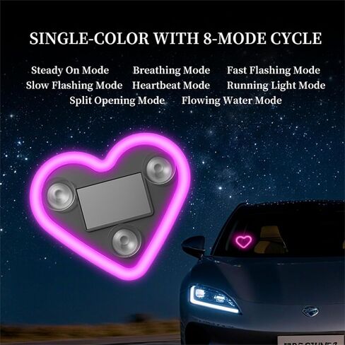 2Pcs LED Love Ambient Lighting Car - 7 Colors Solar-Powered Heart-Shaped LED Neon Light with 8 Modes, IP65 Waterproof, for Romantic Car Interior and Valentines Day Decorations in Kuwait