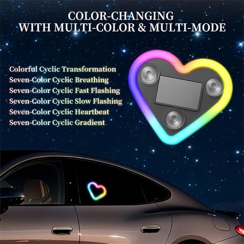 2Pcs LED Love Ambient Lighting Car - 7 Colors Solar-Powered Heart-Shaped LED Neon Light with 8 Modes, IP65 Waterproof, for Romantic Car Interior and Valentines Day Decorations in Kuwait