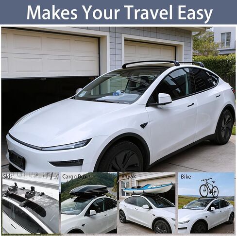 قضبان متقاطعة لحامل السقف لطراز Tesla Y 2020-2026 Juniper، ألومنيوم عالي التحمل قابل للقفل، سعة تحميل 220 رطل، مضاد للسرقة وحامل بضائع منخفض الضوضاء للرياح لأمتعة التزلج على دراجة الكاياك in Kuwait
