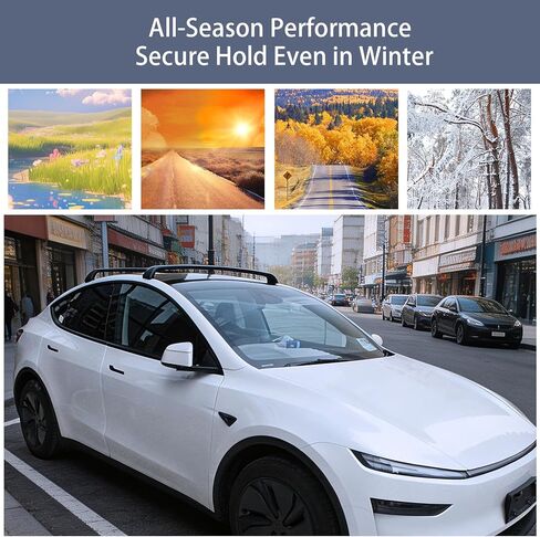 قضبان متقاطعة لحامل السقف لطراز Tesla Y 2020-2026 Juniper، ألومنيوم عالي التحمل قابل للقفل، سعة تحميل 220 رطل، مضاد للسرقة وحامل بضائع منخفض الضوضاء للرياح لأمتعة التزلج على دراجة الكاياك in Kuwait