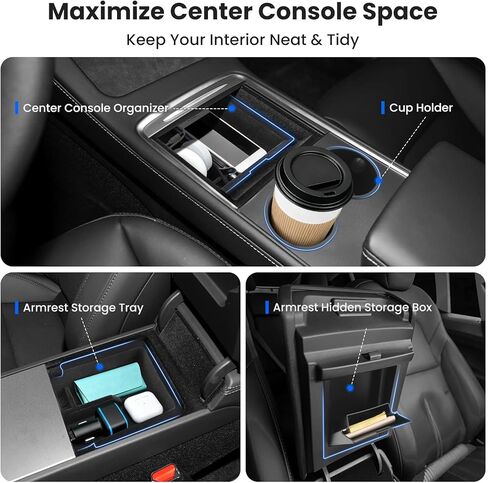 4 قطع صينية تنظيم وحدة التحكم المركزية لطراز Tesla 3 2021-2023 وطراز Y 2021-2024 الملحقات الداخلية، صندوق تخزين مخفي لمسند الذراع للطراز 3 21 22 23، إدراج حامل أكواب للطراز Y 21 22 23 24 in Kuwait