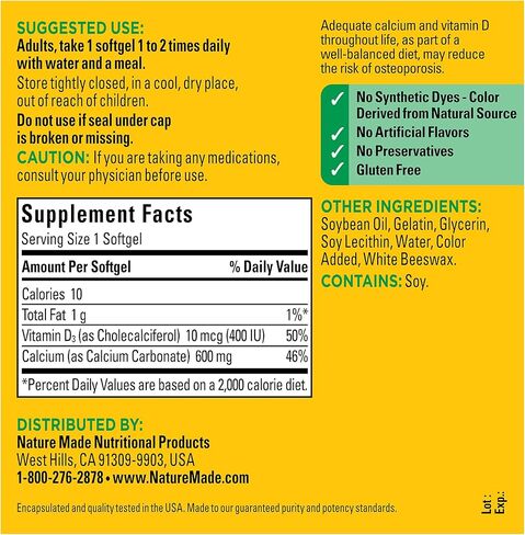 Nature Made Calcium 600 mg with Vitamin D3, Dietary Supplement for Bone Support, 100 Softgels in Saudi Arabia