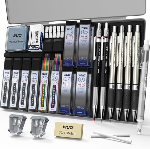 WUO 38PCS Mechanical Pencil Set with Case, Metal Drafting Pencil 0.3, 0.5, 0.7, 0.9mm & 2PCS 2mm (2H HB 2B 4B Color) & 552 Lead Refills, 1 Eraser Pen, Artist Pencils for Writing, Drawing, Sketching in Saudi Arabia
