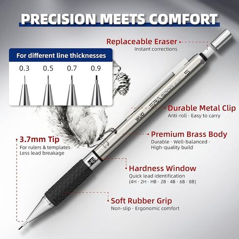 WUO 38PCS Mechanical Pencil Set with Case, Metal Drafting Pencil 0.3, 0.5, 0.7, 0.9mm & 2PCS 2mm (2H HB 2B 4B Color) & 552 Lead Refills, 1 Eraser Pen, Artist Pencils for Writing, Drawing, Sketching in Saudi Arabia