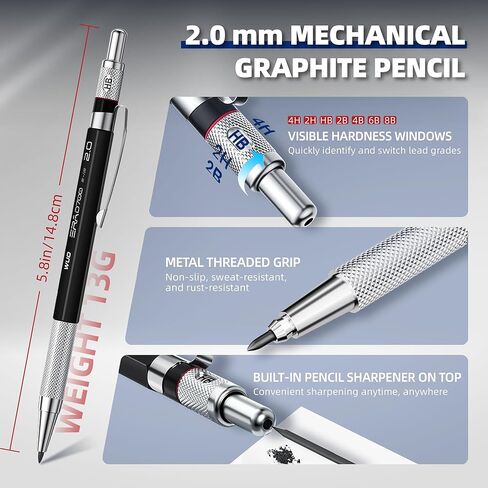 WUO 38PCS Mechanical Pencil Set with Case, Metal Drafting Pencil 0.3, 0.5, 0.7, 0.9mm & 2PCS 2mm (2H HB 2B 4B Color) & 552 Lead Refills, 1 Eraser Pen, Artist Pencils for Writing, Drawing, Sketching in Saudi Arabia