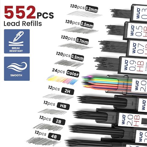 WUO 38PCS Mechanical Pencil Set with Case, Metal Drafting Pencil 0.3, 0.5, 0.7, 0.9mm & 2PCS 2mm (2H HB 2B 4B Color) & 552 Lead Refills, 1 Eraser Pen, Artist Pencils for Writing, Drawing, Sketching in Saudi Arabia