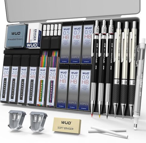 WUO 38PCS Mechanical Pencil Set with Case, Metal Drafting Pencil 0.3, 0.5, 0.7, 0.9mm & 2PCS 2mm (2H HB 2B 4B Color) & 552 Lead Refills, 1 Eraser Pen, Artist Pencils for Writing, Drawing, Sketching in Saudi Arabia