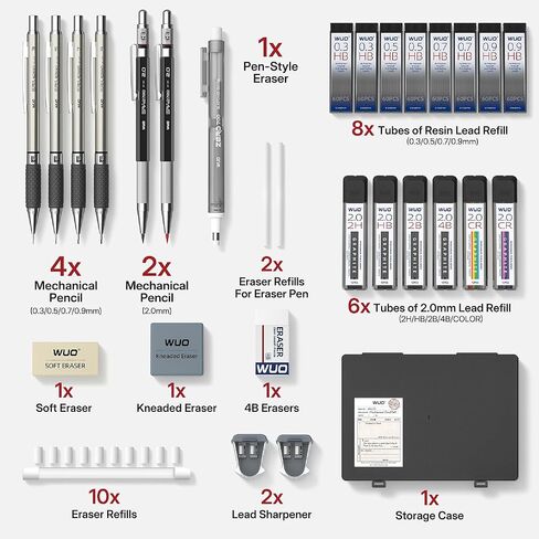WUO 38PCS Mechanical Pencil Set with Case, Metal Drafting Pencil 0.3, 0.5, 0.7, 0.9mm & 2PCS 2mm (2H HB 2B 4B Color) & 552 Lead Refills, 1 Eraser Pen, Artist Pencils for Writing, Drawing, Sketching in Saudi Arabia