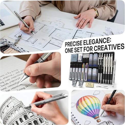 WUO 38PCS Mechanical Pencil Set with Case, Metal Drafting Pencil 0.3, 0.5, 0.7, 0.9mm & 2PCS 2mm (2H HB 2B 4B Color) & 552 Lead Refills, 1 Eraser Pen, Artist Pencils for Writing, Drawing, Sketching in Saudi Arabia