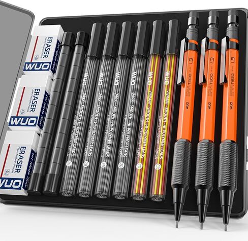 WUO 1.3mm Mechanical Pencil Set with 72 Lead Refill, 3 Eraser, 20 Cap Eraser Refills,3PCS Metal Weatherproof Body Heavy Duty Carpenter Pencils for Outdoor Woodworking Marking Drafting Drawing in Saudi Arabia