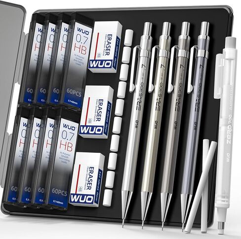 WUO 0.5&0.7mm Mechanical Pencil Set with Eraser Pen, 8PCS Metal Mechanical Pencils, 480 HB Lead Refills, 3PCS 4B Erasers, 10PCS Eraser Refills for Writing, Drafting, Drawing & Sketching in Saudi Arabia