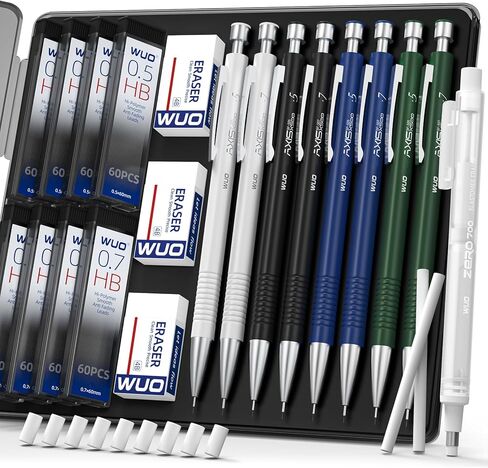 WUO 0.7mm Mechanical Pencil Set with Case, 4PCS Metal Mechanical Pencils with Eraser Pen, 480 HB Lead Refills, 3 Erasers, 11 Eraser Refills, Artist Drafting Pencils for Writing, Drawing, Sketching in Saudi Arabia