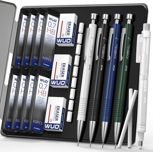 WUO 0.7mm Mechanical Pencil Set with Case, 4PCS Metal Mechanical Pencils with Eraser Pen, 480 HB Lead Refills, 3 Erasers, 11 Eraser Refills, Artist Drafting Pencils for Writing, Drawing, Sketching in Saudi Arabia
