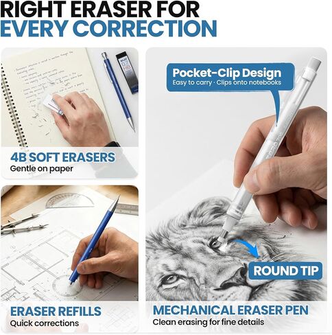 WUO 0.7mm Mechanical Pencil Set with Case, 4PCS Metal Mechanical Pencils with Eraser Pen, 480 HB Lead Refills, 3 Erasers, 11 Eraser Refills, Artist Drafting Pencils for Writing, Drawing, Sketching in Saudi Arabia