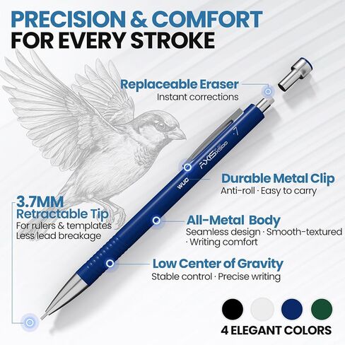 WUO 0.7mm Mechanical Pencil Set with Case, 4PCS Metal Mechanical Pencils with Eraser Pen, 480 HB Lead Refills, 3 Erasers, 11 Eraser Refills, Artist Drafting Pencils for Writing, Drawing, Sketching in Saudi Arabia