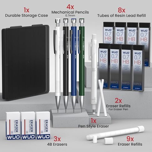 WUO 0.7mm Mechanical Pencil Set with Case, 4PCS Metal Mechanical Pencils with Eraser Pen, 480 HB Lead Refills, 3 Erasers, 11 Eraser Refills, Artist Drafting Pencils for Writing, Drawing, Sketching in Saudi Arabia
