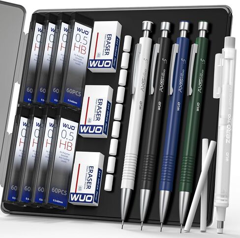 WUO 0.7mm Mechanical Pencil Set with Case, 4PCS Metal Mechanical Pencils with Eraser Pen, 480 HB Lead Refills, 3 Erasers, 11 Eraser Refills, Artist Drafting Pencils for Writing, Drawing, Sketching in Saudi Arabia