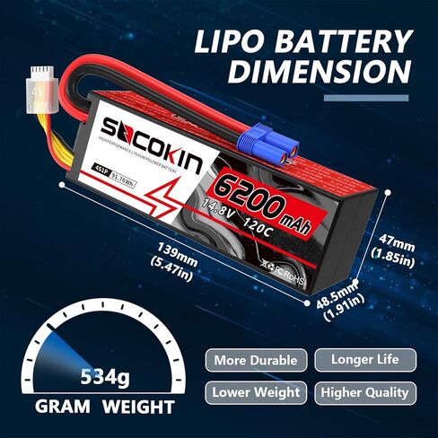 4s 6200mAh Lipo Battery 14.8V 6200mAh Lipo Batterie with EC5 Connector Plug 120C Hard Case RC Battery for RC Car Buggy Truck Boat Airplane Helicopter Quadcopter 2 Pack in Kuwait
