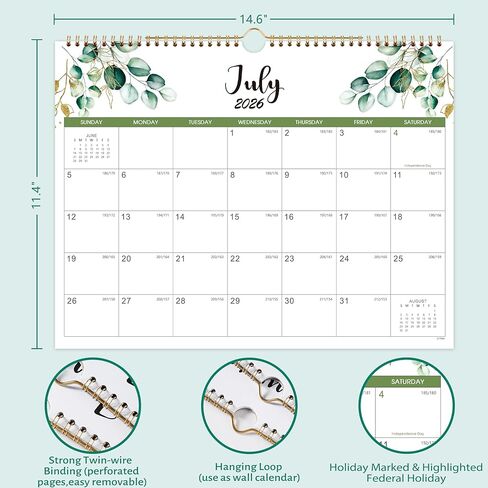 Calendar 2026-2027 - Wall Calendar 2026-2027-, 18 Month Calendar from Jul. 2026 -Dec. 2027, 14.6" x 11.4", Twin-Wire Binding, Hanging Hook, Holidays, Julian Dates, Thick Paper in Kuwait