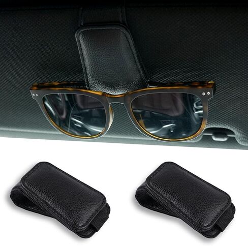 WJS 2 Packs Sunglasses Holders for Car Visor - Magnetic Leather Sunglasses Holder and Ticket Card Clip - Car Visor Accessories (Black) in Saudi Arabia