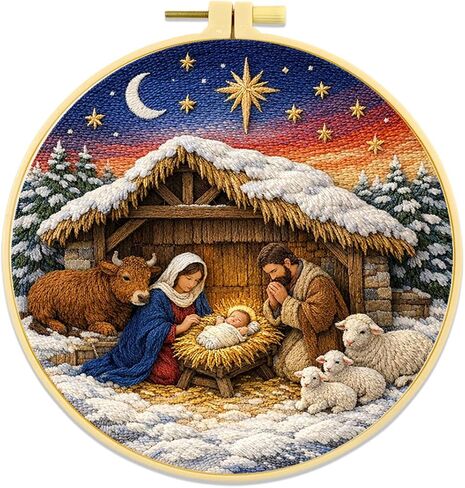 مجموعة تطريز Zhenqing Nativity للمبتدئين، قماش قطني دائري مطبوع مسبقًا مقاس 29x29 سم مع طوق 20 سم، تصميم مشهد عيد الميلاد لديكور العطلات (JC0025) in Kuwait