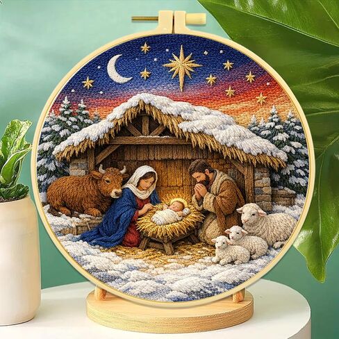 مجموعة تطريز Zhenqing Nativity للمبتدئين، قماش قطني دائري مطبوع مسبقًا مقاس 29x29 سم مع طوق 20 سم، تصميم مشهد عيد الميلاد لديكور العطلات (JC0025) in Kuwait