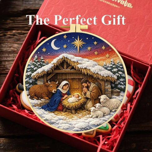 مجموعة تطريز Zhenqing Nativity للمبتدئين، قماش قطني دائري مطبوع مسبقًا مقاس 29x29 سم مع طوق 20 سم، تصميم مشهد عيد الميلاد لديكور العطلات (JC0025) in Kuwait