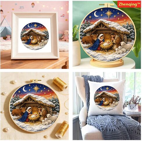 مجموعة تطريز Zhenqing Nativity للمبتدئين، قماش قطني دائري مطبوع مسبقًا مقاس 29x29 سم مع طوق 20 سم، تصميم مشهد عيد الميلاد لديكور العطلات (JC0025) in Kuwait