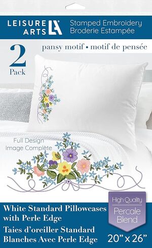 LEISURE ARTS Pillowcase 20"X26" Pansy Motif 2Pc, Embroidery Pillow Kit, Stamped Embroidery Pillowcases, Pillow Cases Stamped, Stamped Cross Stitch Cases in Kuwait