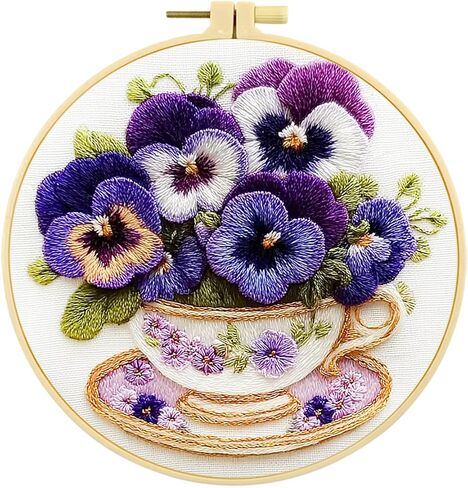 طقم تطريز Zhenqing Pansy للمبتدئين، قماش قطني مطبوع مسبقًا مقاس 29 × 29 سم مع طوق 20 سم، تصميم كأس زهور أنيق (C0203) in Kuwait