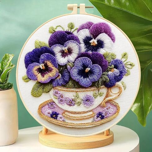 طقم تطريز Zhenqing Pansy للمبتدئين، قماش قطني مطبوع مسبقًا مقاس 29 × 29 سم مع طوق 20 سم، تصميم كأس زهور أنيق (C0203) in Kuwait