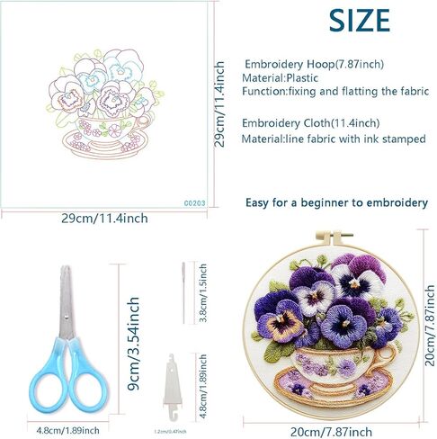 طقم تطريز Zhenqing Pansy للمبتدئين، قماش قطني مطبوع مسبقًا مقاس 29 × 29 سم مع طوق 20 سم، تصميم كأس زهور أنيق (C0203) in Kuwait