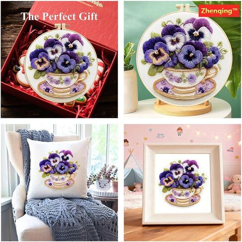 طقم تطريز Zhenqing Pansy للمبتدئين، قماش قطني مطبوع مسبقًا مقاس 29 × 29 سم مع طوق 20 سم، تصميم كأس زهور أنيق (C0203) in Kuwait