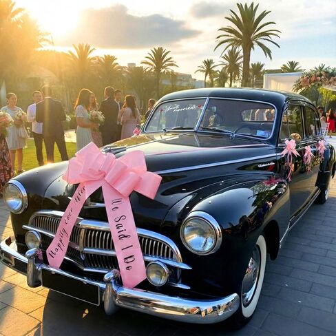 8 قطع من مجموعة ديكورات سيارات الزفاف Just Married - قوس سيارة كبير 30 بوصة، شريط سحب عملاق مع أشرطة مقبض الباب، وأقواس مرآة الرؤية الخلفية وشارات للعريس وإكسسوارات الحفلات (أبيض) in Kuwait