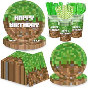 168pcs Pixel Plates Napkins Party Supplies Paper Cups Green Forks Disposable Birthday Tableware Set Party Decorations for Boys Kids Birthday Decor Serves 24 in Saudi Arabia