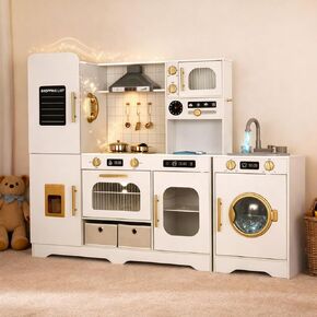 Interactive Wooden Play Kitchen for Kids, Extra-Large Indoor Toy Kitchen Set with Storage, Running Water Sink, Light & Sound Range Hood, Ice Maker & Washing Machine, Nordic White in Saudi Arabia