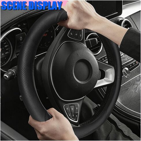 Craedli Nappa Leather Car Steering Wheel Cover, Breathable Non-Slip Automotive Steering Wheel Protector Universal Fit 14.5-15 Inch, Car Interior Decoration Accessories for Trucks, SUVs (Black) in Saudi Arabia