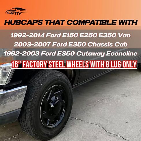 16 Inch Hubcaps Compatible with 1992-2014 Ford E150 E250 E350 Van, Gloss Black Wheel Covers for Factory 8 Lug Steel Wheels, F8UZ-1130-AA Replacement, Snap-On Hubcap Set of 4 (Black) in Saudi Arabia
